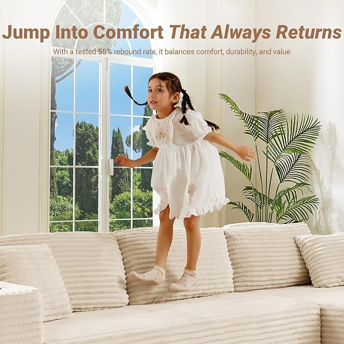 108" Boneless Couch, Cloud Couch Modular Sectional Sofa with Deeper Seat, L-Shaped Sofa with 4 Storage Pockets, Comfy Corduroy Couches for Living Room (Right Facing Chaise, Beige)