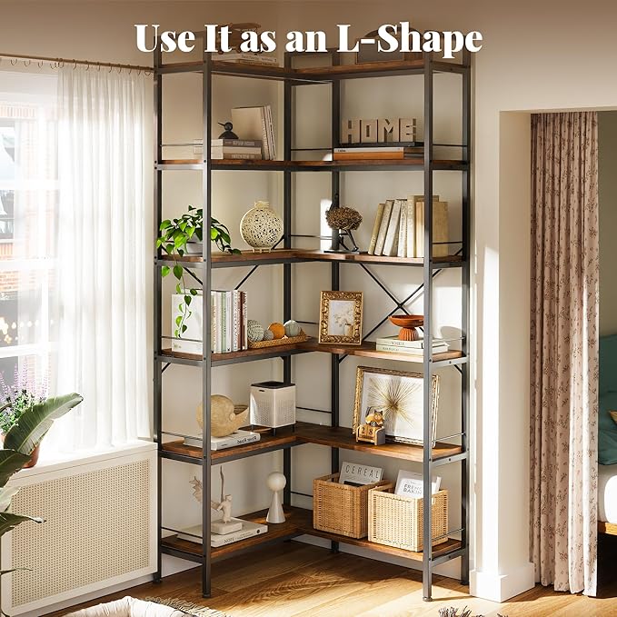 Huuger 6 Tier Bookshelf, L Shaped Corner Bookshelf with Open Shelves, 49.4 Inch Straight Wide Bookcase with Metal Frame and Wooden Board, Adjustable Feet, Rustic Brown