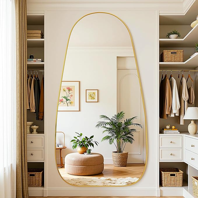 Antok Full Length Mirror, 76"x36" Floor Mirror with Stand,Standing Hanging Leaning Irregular Mirrors for Bedroom Living Room Entryway,Tear Drop Style,Golden