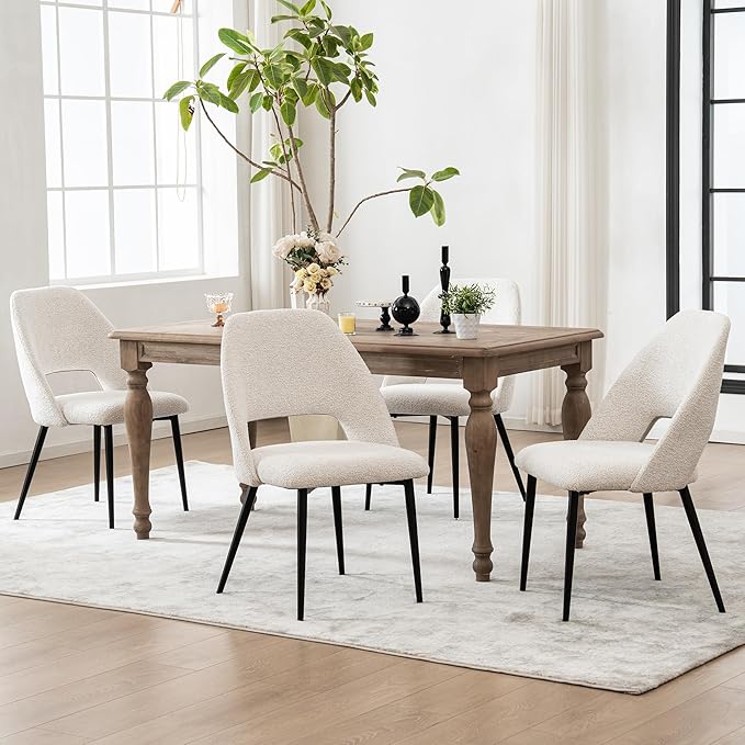Rowill Dining Chairs Set of 4 Upholstered Dining Room Chairs Mid Century Modern Dining Chairs Kitchen Chairs Accent Chair with Metal Legs for Living Room Bedroom, Boucle Fabric Beige