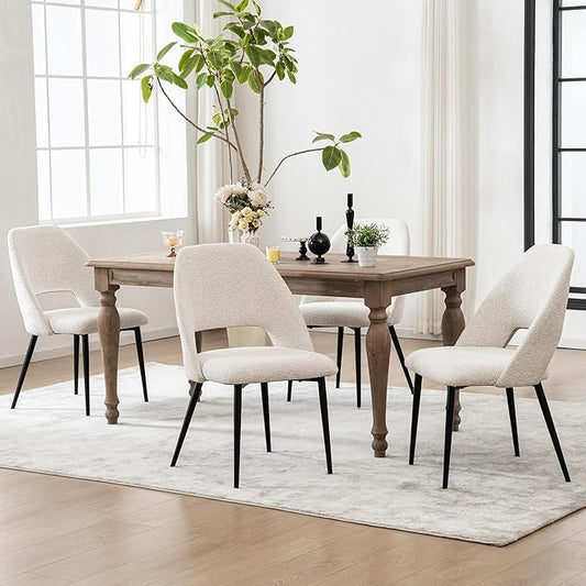 Rowill Dining Chairs Set of 4 Upholstered Dining Room Chairs Mid Century Modern Dining Chairs Kitchen Chairs Accent Chair with Metal Legs for Living Room Bedroom, Boucle Fabric Beige
