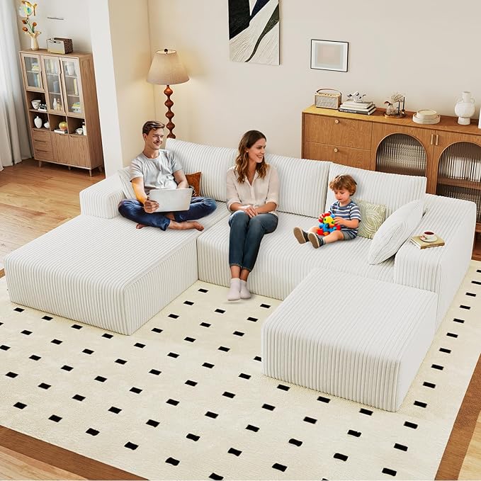 96" U-Shape Cloud Couch, Modern Modular Sectional L-Shape Sofa with Ottoman, Corduroy Upholstered Couches Deep Seat Sleeper Chaise Longue for Living Room, No Assembly Required(White, Left Facing)