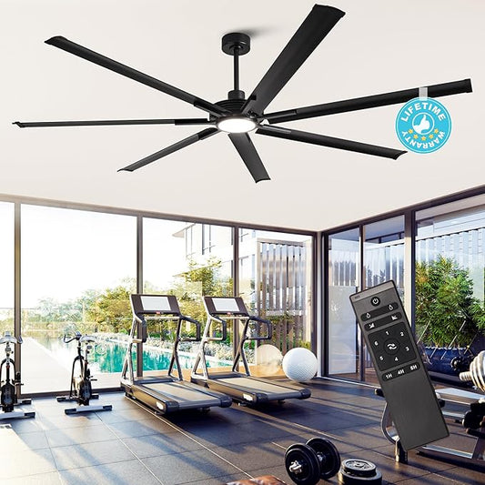 100 Inch Ceiling Fans with Lights, Black Industrial Ceiling Fan and Remote for Living Room Shop Garage, Large Outdoor Ceiling Fans for Patios, 7 Aluminum Blades, Reversible DC Motor, Dimmable, ETL