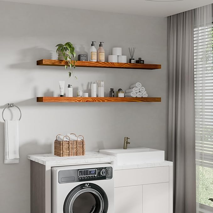 foxsky 48 Inch Solid Pine Wood Floating Shelves for Wall with Hidden Brackets, Rustic Farmhouse Wall Mounted Shelf for Bathroom, Living Room, Bedroom, Kitchen, Office Decor (Honey Oak)