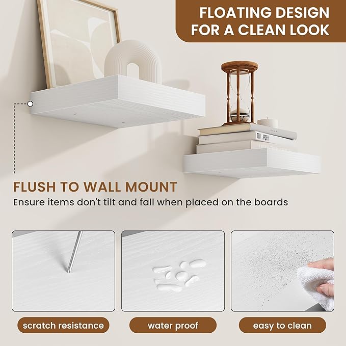 fuqing Floating Shelves for Wall, Wall Mounted Wood Floating Shelf with Invisible Brackets for Living Room, Bathroom, Bedroom, Kitchen Storage and Decor,6.5 Inch Set of 3, White