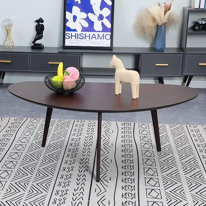 FIRMINANA Mid Century Modern Coffee Table,Large Oval Small Mangotop Coffee Table for Small Spaces, Espresso-47.3" W x23.63 D x 17.72" H