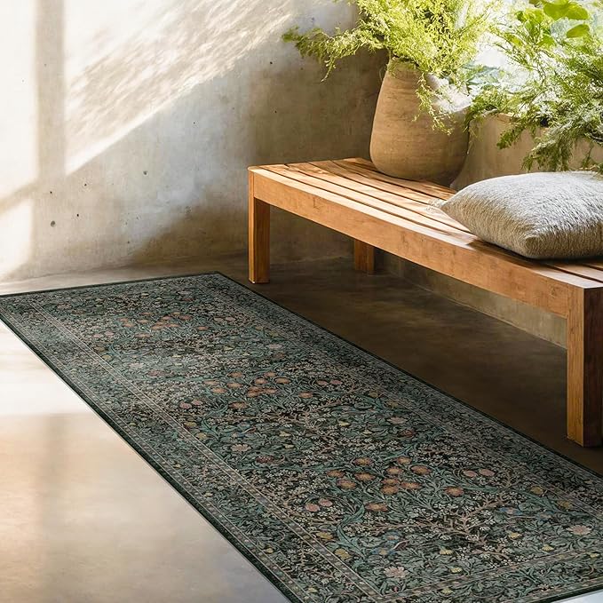 Dark Green 2x5 Runner Rug Non Slip Washable for Bathroom, Kitchen, Floral Boho Low Pile Entryway Rug, Door Mat Indoor Entrance, Small Carpet Runner for Laundry Room