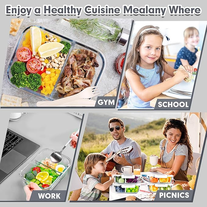 VERONES 5 Pack Glass Meal Prep Containers 2 Compartment Set, 36OZ Airtight Lunch Containers, Glass Food Storage Containers with Lids, for Microwave, Oven, Freezer & Dishwasher Friendly,White