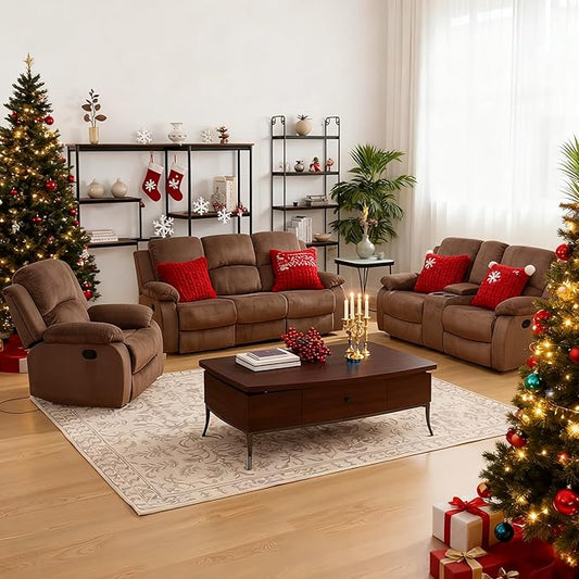 Manual Recliner Sofa Set,Microfiber Reclining Couch Set,Modern Living Room Furniture Set,Reclining Sofa Couch Chair for Living Room Home Office(Brown,3 Pieces Set)