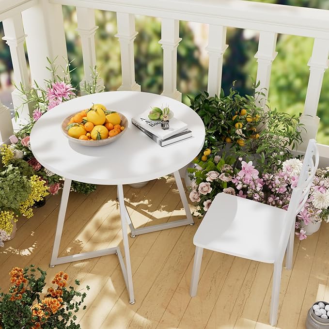 VECELO Small Round Dining Table Set for 2, Wood Tabletop with Strong Metal Frame, Modern Dinette with Chairs for Kitchen, Breakfast Nook Living Room, Pure White