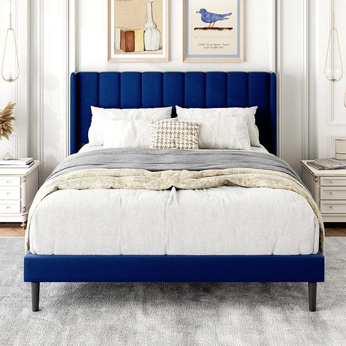 Full Size Bed Frame with Upholstered Wingback Headboard, Easy Assemnly Platform Bed, Wooden Slat Support No Box Spring Needed, Navy Blue