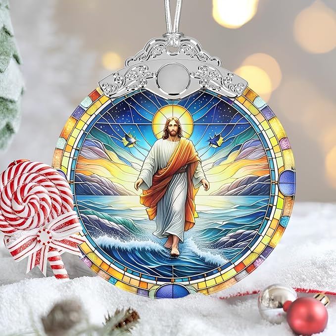 Jesus Christmas Ornaments, 3" Stained Glass Christmas Decor, Christmas Tree Ornaments, Christmas Tree Decorations, Gift for Religious Believers, Perfect for Holiday Party, Window, Tree, Home Decor