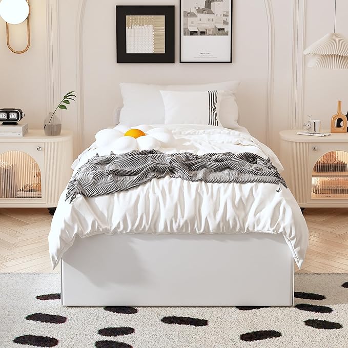 Twin Bed Frame with White Fabric Cover 14 Inch, Heavy Duty Metal Bed Frame Twin, No Box Spring Needed, Support Up to 2500 lbs, Easy Assembly, Noise Free, Black