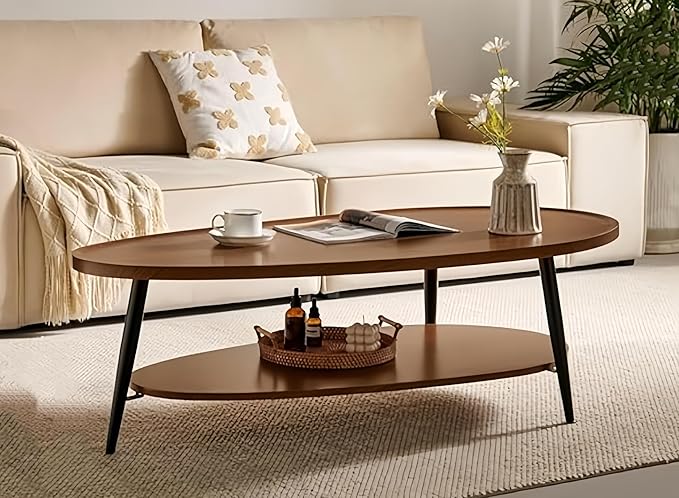 Shrine Black Oval Coffee Table, Mid-Century Modern Coffee Table, Black Walnut Wood Table for Living Room, D47''x W23.6''x H15'', Sleek Conical Metal Legs with Black Finish