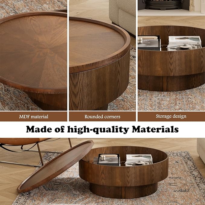 Round Coffee Table with Storage 30.7" Modern Luxury Wood Center Table Circle Drum Coffee Table Small Accent Side Table for Living Room Apartment, Small Space (Round Brown)