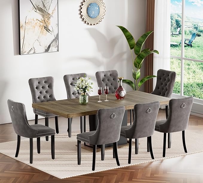 Goujxcy 78.7" Farmhouse Extendable Dining Room Table Set for 8, 9-Piece Rectangle Kitchen Dining Room Table Set with Wood Base and 8 Grey Velvet Dining Chairs, Extending Kitchen & Dining Table Set