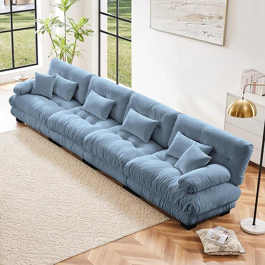 173.2" Oversized Couch, 4 Seater Modular Sectional Sofa, Blue Large Sectional Couches for Living Room, Fluffy Chenille Fabric Cloud Couch with 5 Pillows, Deep Seat Sofas