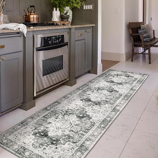 Moynesa Ultra-Thin Washable Gray Hallway Runner Rug - 2'6"x8, Non Slip Non Shedding Pet Friendly Kitchen Bathroom Carpet for Coffee Bar Vanity Entryway
