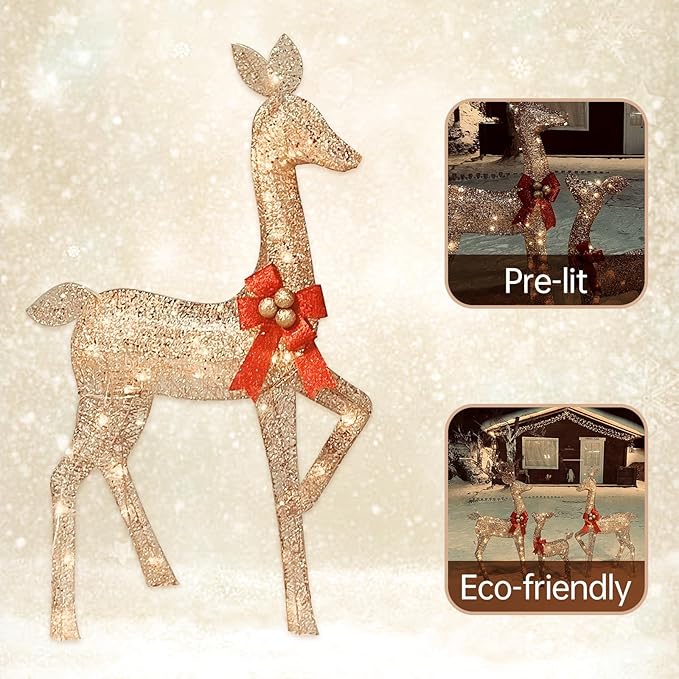 4.3 FT Outdoor Christmas Decorations Deer, 3 Pcs Family Outdoor Lighted Xmas Deer, 210 Lights 52" Buck 47" Doe 29" Fawn Large Christmas Reindeer for Garden Patio Lawn Holiday Decorations - Gold