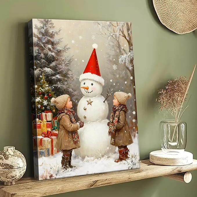 Vintage Snowman with Children Christmas Canvas Wall Art - Rustic Winter Scene Framed Prints for Livingroom & Bedroom, Cozy Farmhouse Christmas Wall Art, Unique Christmas Gifts & Festive Decorations