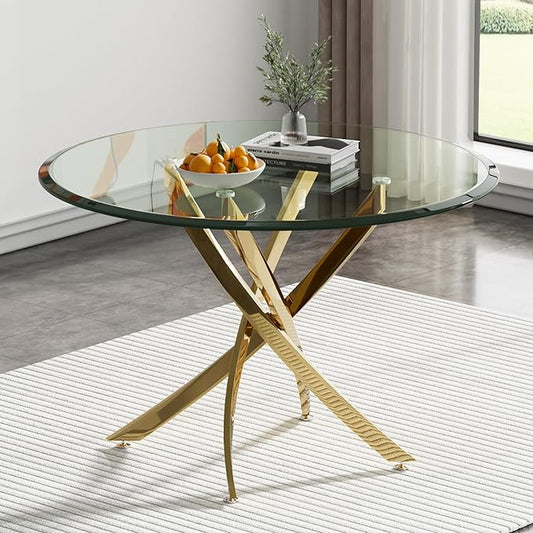 36-Inch Round Dining Room Table for 2-4, Modern Small Gold Glass Circle Kitchen Dining Table with Cross-Shape Stainless Steel Legs for Apartment Kitchen Dining Room