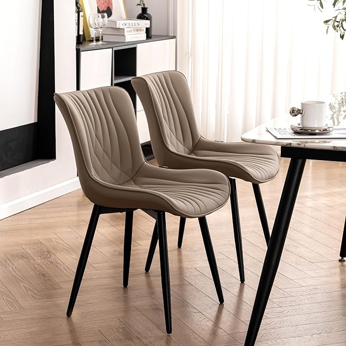 Kidol & Shellder Khaki Dining Chairs Set of 2,Faux Leather Upholstered Mid Century Modern Kitchen&Dining Room Chair with Back,Ergonomic Armless Vanity&Living Room Chair with Metal Legs