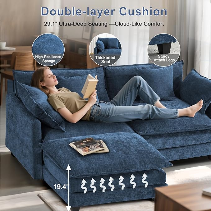 77" Cloud Chenille L-Shaped Sofa with Ottoman | Space-Saving Apartment Couch with 29.1" Deep Seat & Footrest | FSC Certified Solid Wood & Metal Frame | Easy Assembly & 1YR Guarantee