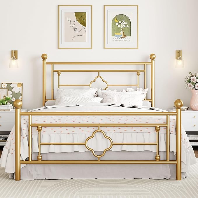 SHA CERLIN 14 Inches Full Size Metal Platform Bed Frame/Vintage Iron-Art Headboard and Footboard/Mattress Foundation for Storage/No Box Spring Needed/Noise-Free/Easy Assembly/Gold