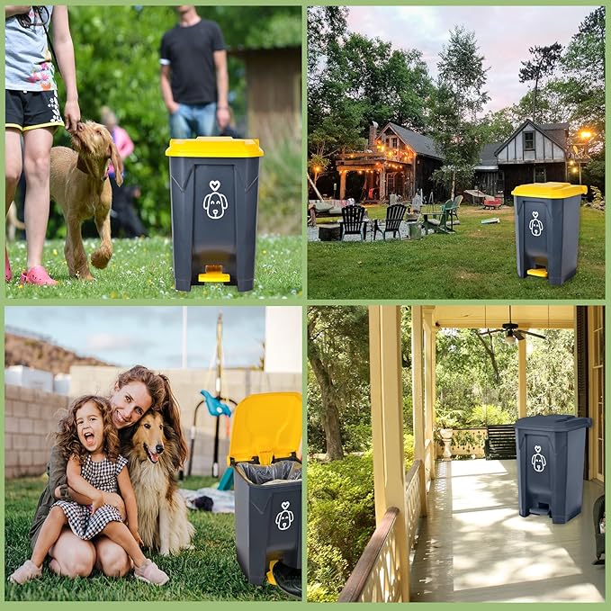 Outdoors Dog Poop Trash Can with Lid & 290PCS Waste Bags, Cute Dog Waste Trash Can for Yard, Home, Garden, Kitchen, 15 Litre Removable Inner Bin, Plastic Gray & Yellow