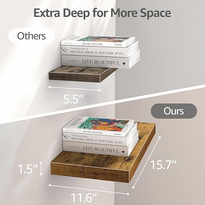 QEEIG 12" Deep Floating Shelves for Wall - 12 x 16 inch Book Shelf Bathroom Bedroom Kitchen Living Room Hanging Bookshelf Farmhouse Set of 3, Brown (026-40BN3)