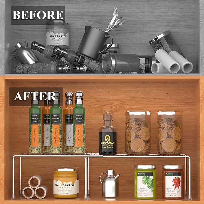 Kitchen Cabinet Expandable Shelf Organizers Set of 4, Adjustable Metal Wire Pantry Storage Shelves, Plate Dish Organizer Rack for Cabinets, Cupboard, Counter, Freezer, Countertop, Chrome