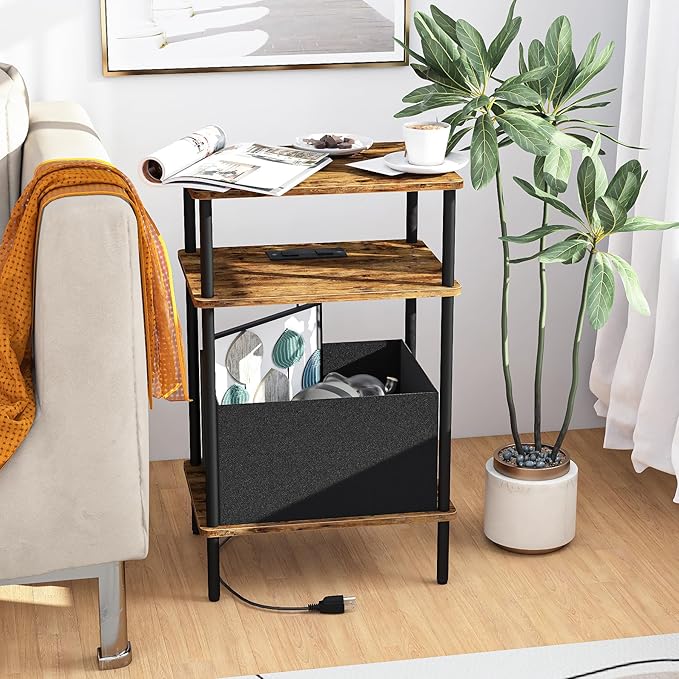 Small Side Table with Charging Station, End Table for Small Spaces, Slim Nightstand with Outlet,Sofa Beside Table, 3-Tier Storage Shelf,Living Room, Bed Room, Rustic Brown