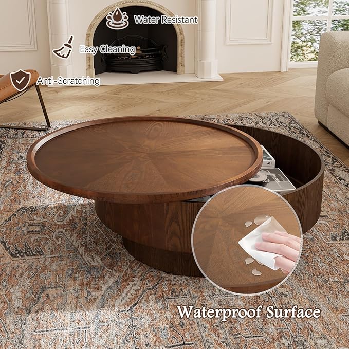 Round Coffee Table with Storage 30.7" Handcraft Drum Wooden Center Table Mid Century Modern Coffee Table Luxury Wood Circle Tea Table for Living Room Apartment, Small Space (Brown)