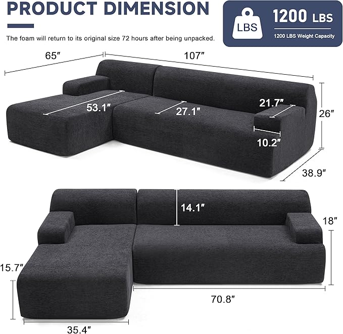 107" Modular Sectional Sofa, Sponge Sectional Sofa Couch for Living Room, High Density Sponges Cloud Couch,Modular L-Shape Sofa with Chaise, (Black)