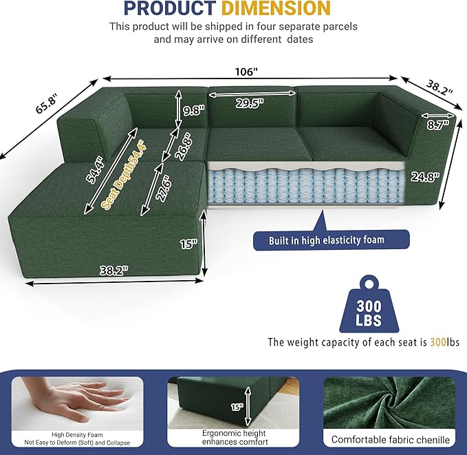 106" Sectional Compressed Sofa Modular Couches L-Shape with Chaise,High-Density Foam No Assembly Required,4-Piece(2xCorner 1xArmless 1xOttoman) for Living Room Chenille Green