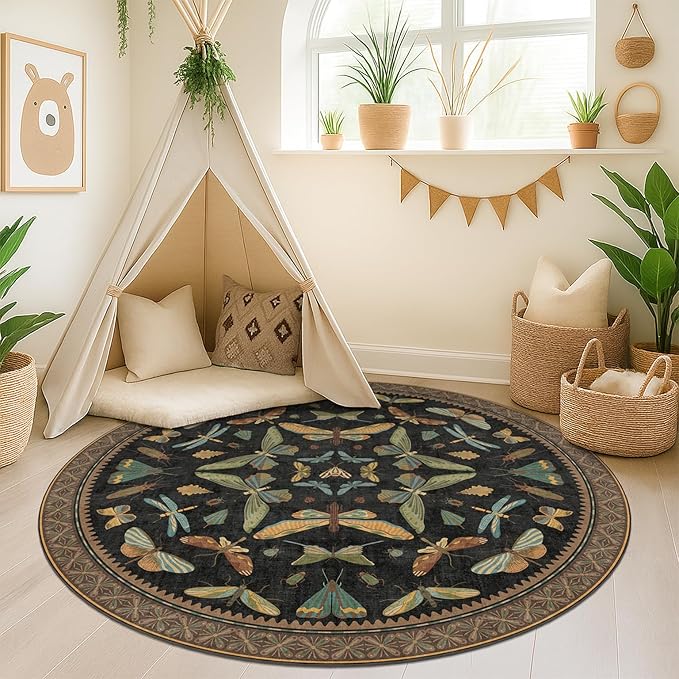 Black Boho 5ft Round Throw Rugs for Living Room - Dark Unique Insect Print Large Entryway Rug, Low Pile & Soft Carpet for Bedroom Beside Bed, Kids Playroom, Non Slip Stain Resistant Home Décor