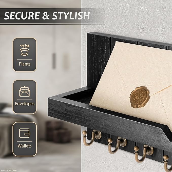 Rebee Vision Decorative Key and Mail Holder for Wall - Farmhouse 15 Inches Floating Shelf with 7 Sturdy Key Hooks for Home Entryway Wall Decor - Rustic Key Racks (Black)