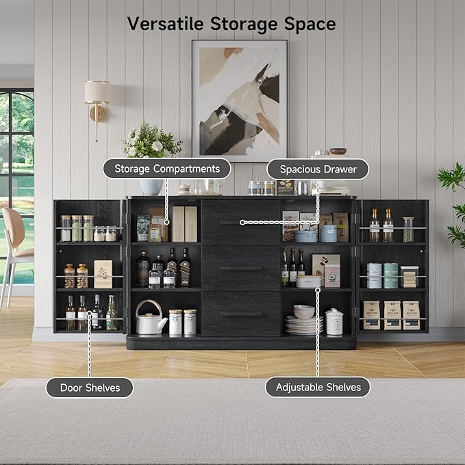 ONBRILL 47" Curved Buffet Cabinet with Storage and 3 Drawers, Large Sideboard Buffet Storage Cabinet with 2 Doors, Modern Coffee Bar Table for Dining Room, Living Room, Entryway (Black)