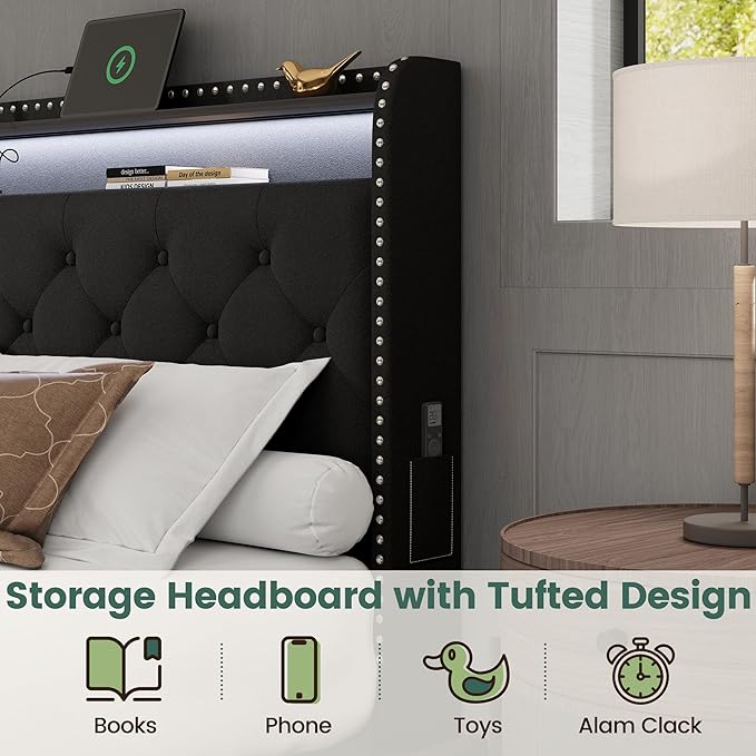 LARMACE King Size Bed Frame with 4 Storage Drawers Velvet Upholstered Tufted Bed Frame King Platform with LED Lights&USB Type-C Charging Station,Heavy Duty/No Box Spring Needed, Easy Assembly,Black