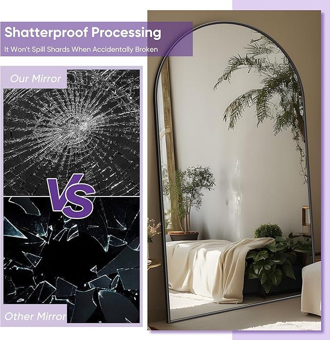 Full Length Mirror, 72"x44" Floor Mirror Freestanding, Oversized Floor Standing Mirror Full Body Mirrors with Stand for Bedroom, Hanging Mounted Mirrors for Living Room, Black, Arched