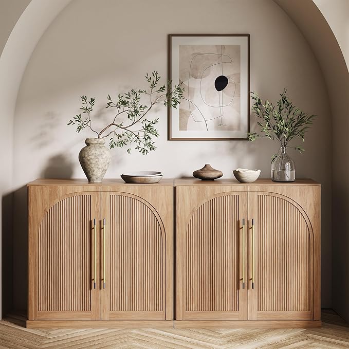 BELLEZE Set of 2 Modular Sideboard with Double-Arc Wood Doors, Small Arched Buffet Cabinet with Storage and Adjustable Shelves, Classic Modern Credenza for Dining Room, Living Room or Entryway(Camel)