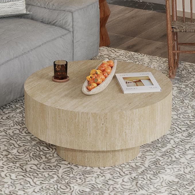 Travertine Coffee Table 29.92" Modern Round Coffee Table for Living Room, Small Circle Coffee Table Drum Center Table End Table for Apartment Office Farmhouse (Round)