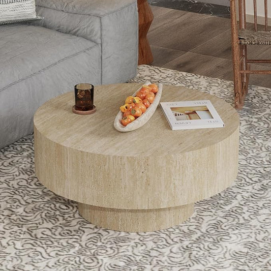 Travertine Coffee Table 29.92" Modern Round Coffee Table for Living Room, Small Circle Coffee Table Drum Center Table End Table for Apartment Office Farmhouse (Round)