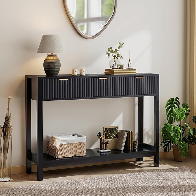 Fluted Console Table, Wooden Sofa Table with Storage and Drawers, Farmhouse Behind Couch Table Entryway Table for Entrance, Hallway, Living Room, Black
