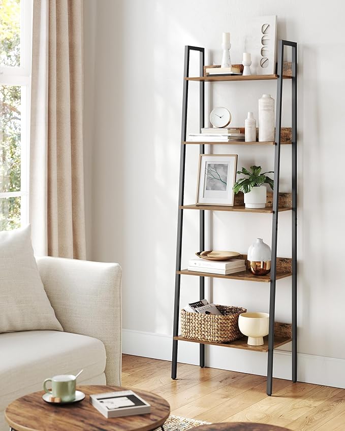 VASAGLE Bookshelf, 5-Tier Narrow Book Shelf, 11.8 x 23.6 x 66.9 Inches, Ladder Shelf for Home Office, Living Room, Bedroom, Kitchen, Rustic Brown and Ink Black ULLS067B01