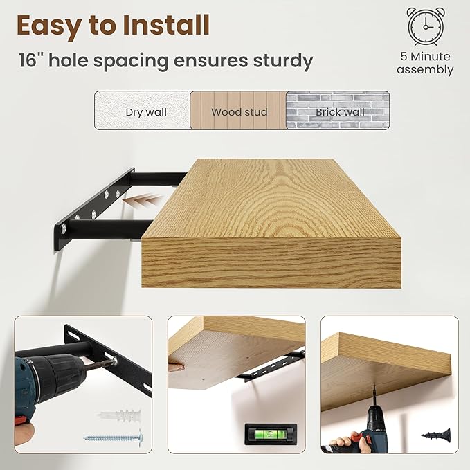 40 Inch Floating Shelves for Wall, 8 Inch Deep Floating Shelf for Storage & Display, Rustic Wall Mounted Shelf with Invisible Brackets for Living Room, Kitchen, Bathroom, Home Decor, Set of 2, Oak