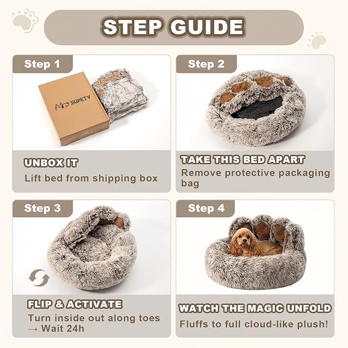 Jiupety Paw Shape Calming Pet Bed, Plush Faux Fur Donut Bed for Dogs & Cats, Machine Washable, Non-Slip Bottom, Large Size (26"×26"×8"), Gray