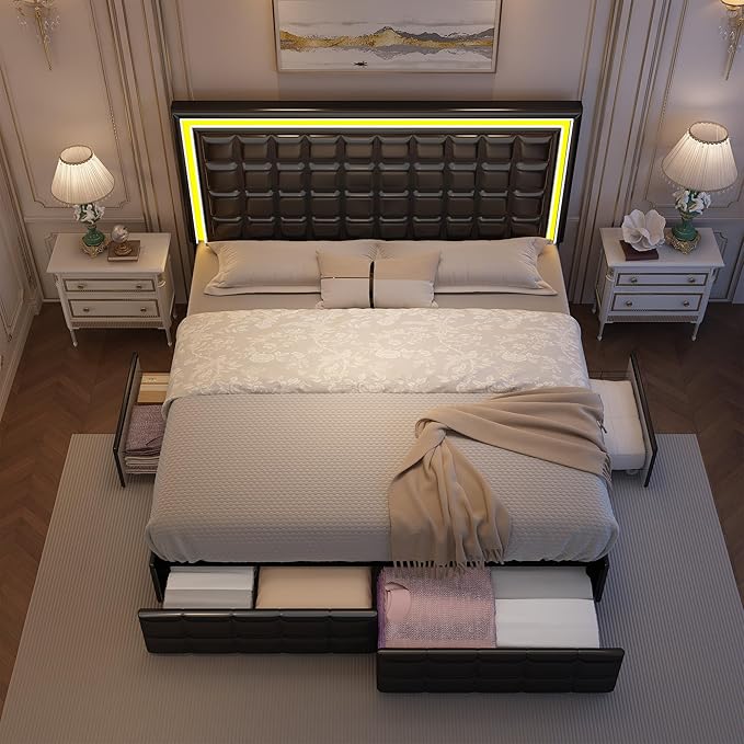 Queen Bed Frame with LED Lights & Storage Drawers, No Box Spring Needed, Heavy Duty 900lbs Weight Capacity, Easy Assembly, Modern Upholstered Platform Bed, PU Black