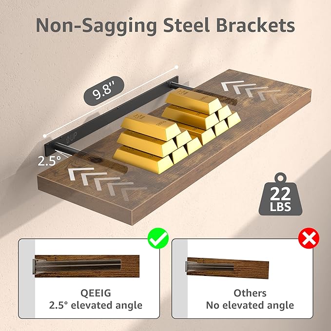 QEEIG 12" Deep Floating Shelves for Wall - 12 x 16 inch Book Shelf Bathroom Bedroom Kitchen Living Room Hanging Bookshelf Farmhouse Set of 3, Brown (026-40BN3)