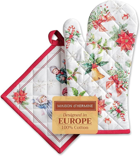 Maison d' Hermine 100% Cotton Oven Mitt & Pot Holder Set (7.5"x13" & 8"x8") Heat Resistant BBQ Cooking Gloves with Loop for Thanksgiving Christmas Decorations Handling Hot Pans (Chromo)